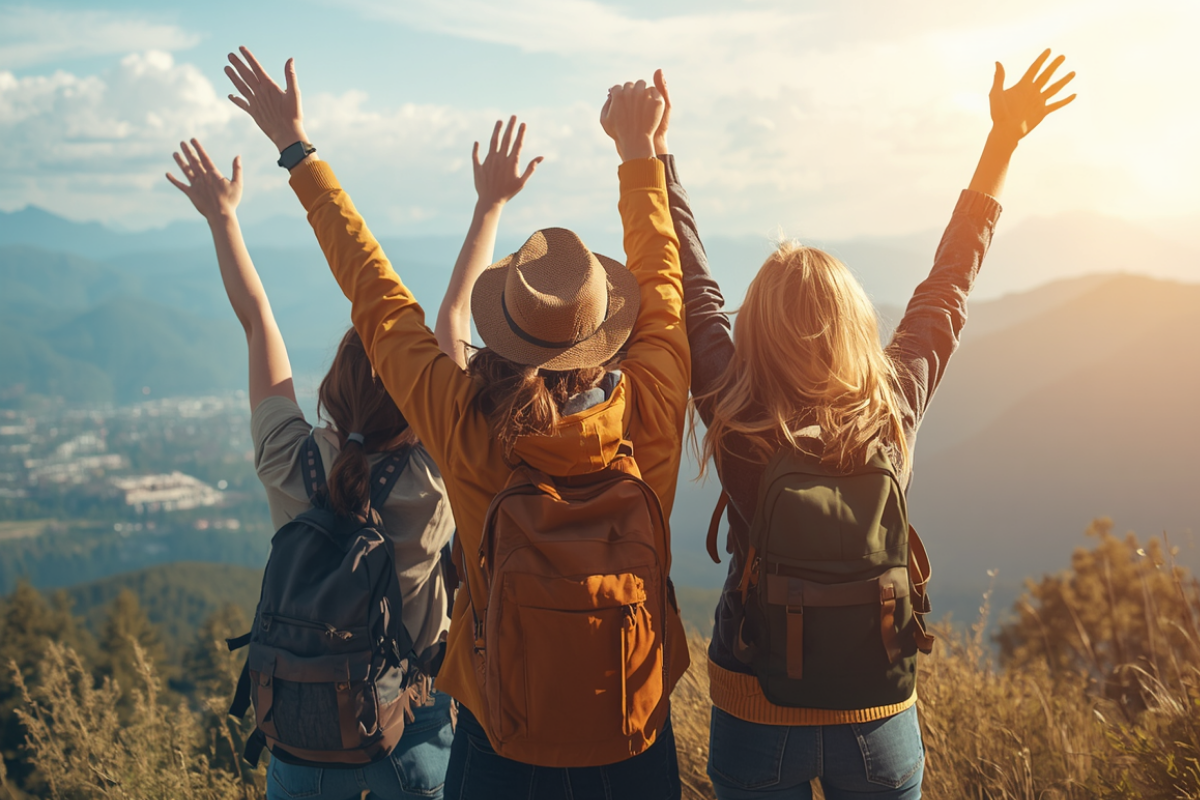 Travellers with backpacks climbing mountain
